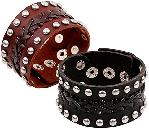 Circle Leather Bracelet Wristband Unisex Real Leather Wristbands Hand Woven Bracelet Rivet,Black
