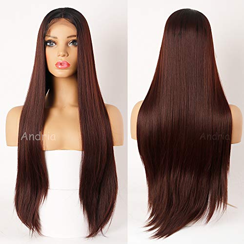 Andrai Hair Ombre Dark Auburn Lace Front Synthetic Wigs Long Straight Heat Resistant Hair Pre Plucked Wig with Baby Hair Bleached Knots for Women (22" #1B/Rich Copper Red)