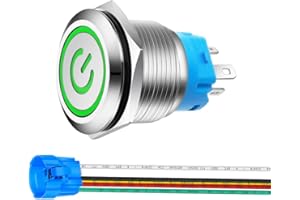 Gebildet 0.87''/22mm Stainless Steel Latching Push Button Switch 12V-24V 5A Power Symbol LED 1NO1NC SPDT ON Off Waterproof Toggle Switch with Wire Socket Plug (Green LED)