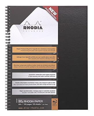 Rhodia Notebook rembordé semi-rigide RHODIACTIVE spirale A4+ 160 pages à carreaux avec marge et cadre en-tête microperforées et perforées 9 trous 90g, règle polypro et 6 marque-pages repositionnables