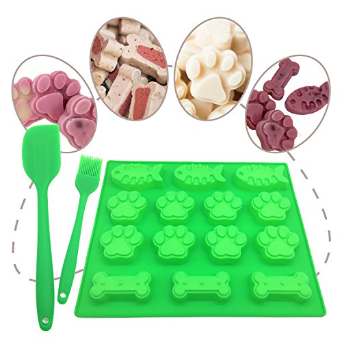 Hunde Welpe Pfoten, Fisch und Knochen 100% Lebensmittelqualität Silikon ohne BPA Backform, Backpinsel und Teigschaber aus Silikon-Set mit Rezept, hitzebeständig, spülmaschinenfest, leicht zu reinigen für Haustiere, Kinder, Hundefutter, Leckerlis für Hunde, PET Supplies, Seifenherstellung, Gelatine, Cake Pops, Brötchen, Knochen Candy, Muffins, Schokolade Candy Formen, Ice Tablett.