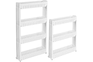 HYGRAD® Slide Out Storage Tower Folding 3/4 Tier Rolling Castor Kitchen Bathroom Trolley Rack UK (White, 4 Tier)