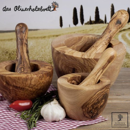 Mörser und Stößel Olivenholz, glatter Rand, ca. 12 cm Durchmesser