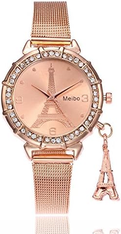FALAIDUO Fashion Classic Women Eiffel Tower Stainless Steel Quartz Wrist Watch (Rose Gold)