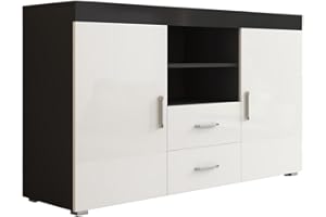 MB Muebles Bonitos, Aparador Roque para Salón Comedor Moderno, Mueble TV de Melamina, Color Negro y Blanco Brillo, 140x80x40 cm