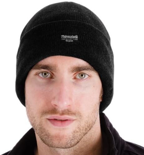 Men's Knitted Black Fleece Lined Hat With 40g Thinsulate Insulation Fold Up Brim
