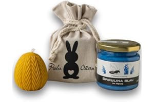 ‎GREGA´S IMKEREI Gregas Imkerei Oster-Honig-Geschenkset – Ostersäckchen mit Hase, 250 g Honigglas deiner Wahl und Osterei Bienenwachskerze – perfektes Mitbringsel & Geschenk für Ostern. (Spirulina Blau im Honig 250 g)