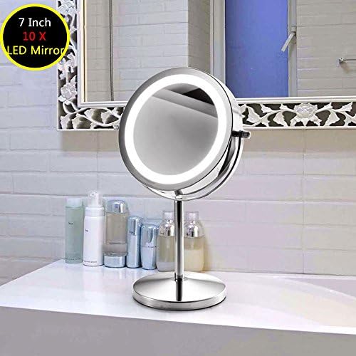 Double-Sided LED Cosmetics Mirror Table Top Illuminated Makeup Mirror with Soft LED Light for Bathroom, Vanity,Cosmetics (7Inch 10X Cosmetics Mirror)