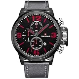 Männer Analog Quarz Uhren Lederband Multifunktions Wasserdichte Sport Armbanduhr mit Chronograph Datumsanzeige (Schwarz Rot)