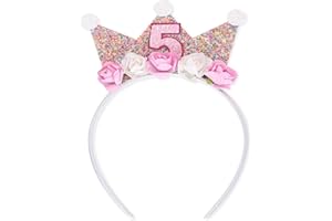 Shirene Birthday Crown,Crown Headbands birthday girl headband Flower Pink Princess Tiara Years Old Headpiece Glitter Hair Band Birthday Decorations Hair Accessory for Women and Girls