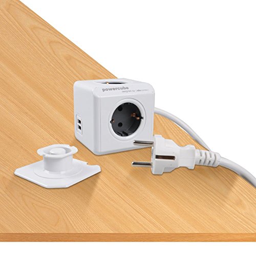 Allocacoc PowerCube 2 x USB Port 5V/2.1A mit 4 Verteiler 3M Verlängerungskabel Power Strip Steckdose 230V Schuko, Grau - 4