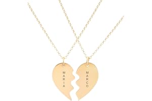 doble aro - Colgante Corazón Personalizado con Nombre para Parejas - Collar para Enamorados - Cadena Rolo 45 cm + Alargador. Corazón Plata, Plata de Ley 925/1000. (Corazon Oro)