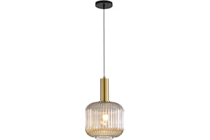 HJXDtech Lámpara Colgante Industrial con Pantalla de Cristal a Rayas, Vintage Dorado E27 Lámpara Suspendida de Techo Ajustable para Cocina Comedor Salón Bar Pasillo Restaurante (Ámbar, 20 cm)