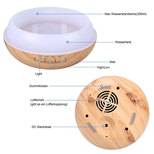 Luftbefeuchter Ultraschall 300ml,GreenClick Luftbefeuchter Humidifier LED Holzmaserung Oil Diffuser Purifier für babay Kinder Schlafzimmer Whonzimmer Büro Aromatherapie usw. - 6