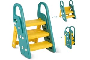 Onasti Marche Pied Pliable pour Enfant, Marchepied 3 Marches pour bébé, Marchepieds Hauteur réglable pour Chambre de bébé Rehausseur Stable, Multifonction et Antidérapant (Vert)