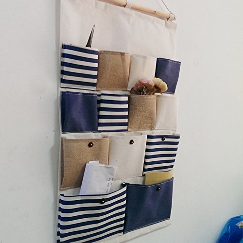 aihome New Style Baumwolle Stoff größere 13 Taschen Wand Tür zum Aufhängen von Kleidung Aufbewahrungstasche Organizer Retro Navy stripe-blue - 2