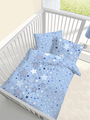 Renforce Baby Bettwäsche Sterne Stars himmelblau - Größe 40x60 + 100 x 135 cm - hergestellt in Deutschland