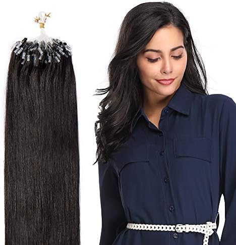 16"-22" Micro Loop Hair Extensions Human Hair 100 Strands 50g - 100% Remy Real Hair Extensions Micro Ring Beads Straight (16" #1B Natural Black)