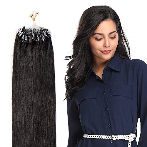 16"-22" Micro Loop Hair Extensions Human Hair 100 Strands 50g - 100% Remy Real Hair Extensions Micro Ring Beads Straight (16" #1B Natural Black)