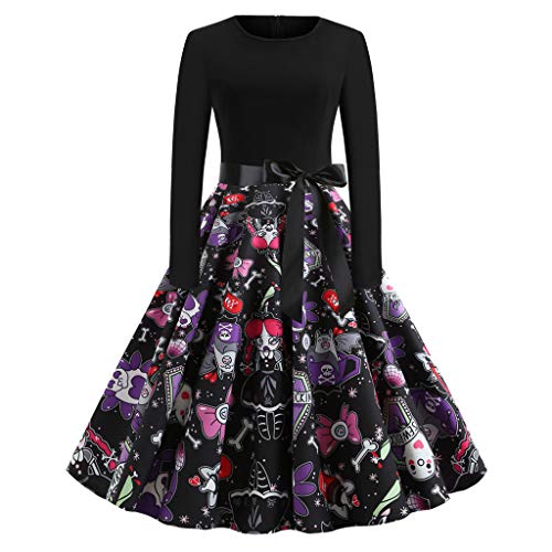 Robe Femme Chic Soiree Vintage Années 50/60 Pin Up Robes Femme Soirée Robe À Manches Longue Imprimé Floral Col Rond Rockabilly Bodycon Robe Automne Femme Cérémonie Fête Mini Robe de Plage Automne 2020