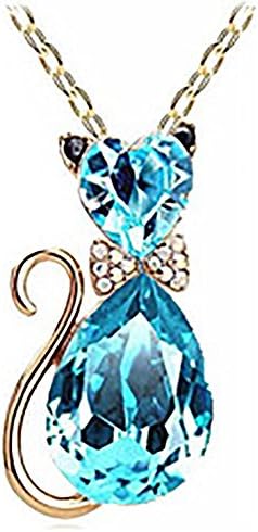 Livecity Cat Rhinestone Charm Pendant Necklace Luxury Wedding Bridal Women Party (Gold+Blue)