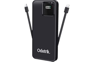 Odetrik Power Bank 10000mAh z Wbudowanymi Kablami, Szybkie Ładowanie 22.5W PD/QC3.0, Przenośna Ładowarka z Wyświetlaczem LCD, 4 Porty do Telefonu, Tabletu i Innych