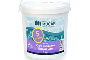 MUGAR- Cloro 5 Kg Multiacción Especial Liner 5 Efectos para Piscinas de Liner- Envase de 5kg en Pastillas 200 gr Sin Cobre para Tratamiento Piscinas