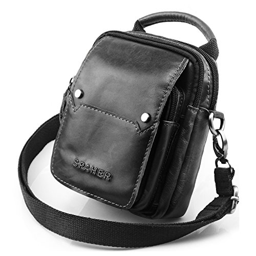 SPAHER Pequena Bolso Hombre Bandolera cuero Bolso de cintura cuerpo cartera cruzado Mensajero Bolso Funda teléfono móvil cinturón billetero para por dinero Billetera Viajes al aire libre Negro