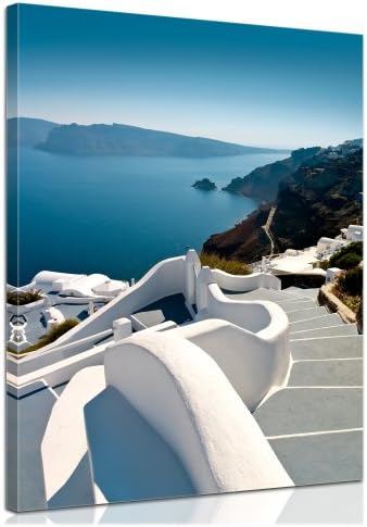 Bilderdepot24 Canvas Print - Wall Art Santorini Stairs (Greece) 31.5 inch x 23.6 inch - Quality canvas on large wooden frame, gallery wrapped, directly from the manufacturer. 100% made in Germany!
