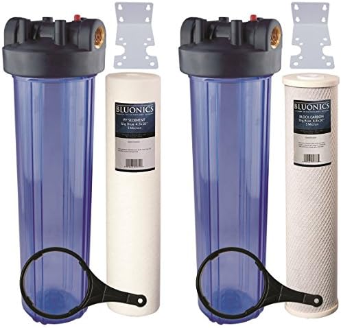 BLUONICS Two 20" Big Blue Whole House Water Filters W/ Sediment &amp; Carbon With Clear Blue Transparent Housings