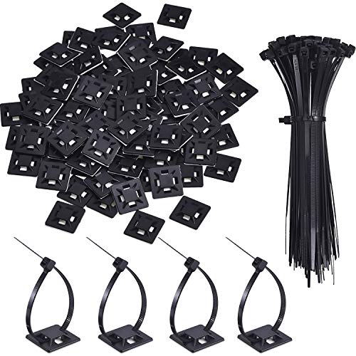 100 Piezas de Soporte de Base de Atar Cable Auto Adhesivo Montaje Adhesivo de Cable Negro con Brida Negra de Cable de Múltiples Usos (Longitud 150 mm, Anchura 2 cm)