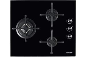 UNIVERSALBLUE Placa de Gas Butano y Natural Negra | Cristal Gas 3 Fuegos | Potencia 6200 W | Cristal Templado | Encendido eléctrico | Sistema de Seguridad FFD | Bajo Consumo