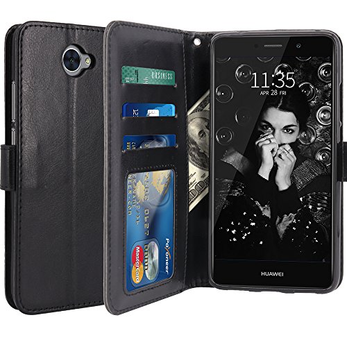 LK Huawei Y7 Funda  Carcasa Cubierta Cuero Billetera Case Flip Cover con Ranuras de Tarjeta - Negro