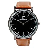 Elegante Herren und Damen-Armbanduhr, Schwarz Silber, Unisex, braunes Lederband, Puristisches, Zeitloses und Modisches Design, Minimalistisch, 38mm