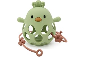 M MARIE MADELEINE EMPORIUM MME Pollito Sonajero y Mordedor, Sonajero bebé 0-3 meses, Mordedor Bebé 6-12 meses, Teether Baby, Mordedores Bebés 3-6meses, Juguete bebe, Regalo baby shower (Verde con Correa)