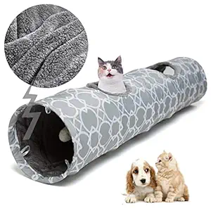 Luckitty Large Cat Toys Collapsible Tunnel Tube with Plush Balls, for Rabbits, Kittens, Ferrets,Puppy and Dogs,Grey,White