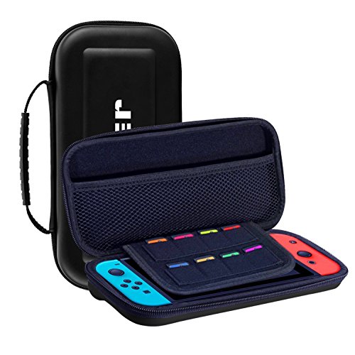 Preisvergleich Produktbild iVoler Nintendo Switch Tasche mit Netztasche, Reißverschluss und Handschlaufe, Wasserabweisend Hartschalen Case / Cover / Hülle / Schutztasche für Nintendo Switch Konsole & Accesoires - Schwarz