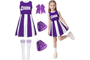 Amtum Cheerleader Outfit Girls Dress Cheerleader Costume Kids with Poms Poms Socks Hair Band Cheer Leader Fancy Dress Up Cheerleading Uniform High School Musical Halloween Carnival Party Cosplay