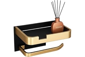 GÉNÉRIQUE Porte Papier Toilette Mural Noir et doré avec étagère Design – Support Rouleau WC Suspendu – Meuble sanitaire Compact – Accessoires Salle de Bain Moderne – Rangement Pratique pour Toilettes