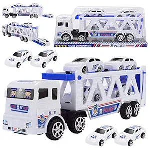 WP Double Trumpet Truck with 4 Mini Police Cars Truck Tractor Toy Vehicles for Children Kid White Blue