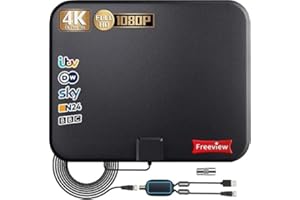 XZH TV Aerial, Freeview Indoor Digital HDTV Aerial 250+ Miles Range with Amplifier Signal Booster,4K 1080P HD VHF UHF TV Tuner DVB-T Television Radio High Gain Stronger Reception