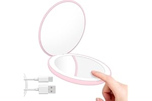 Sweetone Specchietto da Borsetta, LED Specchio da Viaggio Ricaricabile con Ingranditore 1X/10X, Specchio Portatil, Specchietto da Borsa con Luce Regolabile, Specchio Piccolo per Viaggio (Rosa)