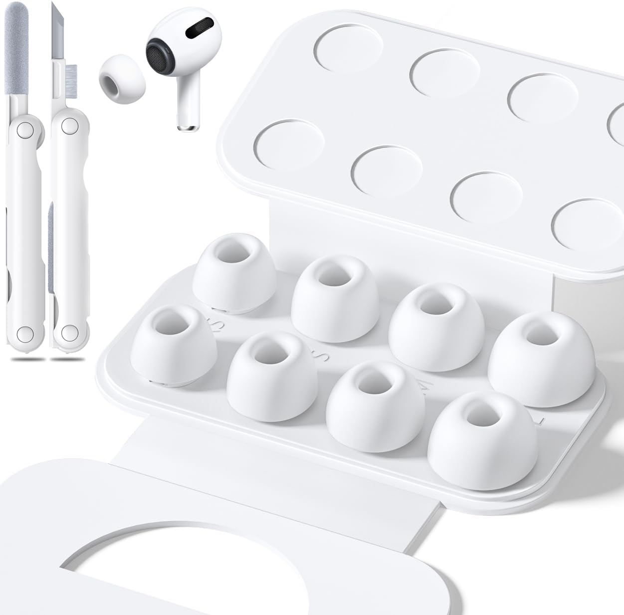 4 Pairs Replacement Ear Tips for Airpods Pro 1/2 with Hole for Noise Reduction, Silicone Earplugs for Airpods Pro with Cleaning Set & Portable Storage Box, 4 Sizes (XS/S/M/L) White