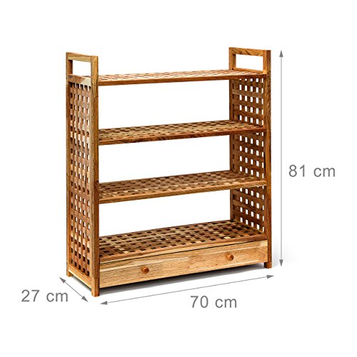 Relaxdays Schuhregal Walnuss H x B x T: 81 x 70 x 27 cm Schuhablage mit Schublade 4 Böden für je 3 Paar Schuhe Holz Schuhschrank mit Griffen zum Tragen und Schubfach zum Ausziehen, geölt, natur - 4