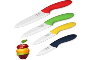 Knendet Ensemble de 4 Couteaux Chef de Cuisine Céramique Multicolores avec Lame Professionnelle Ultra Tranchante, Résistante aux Taches et Gaines Étuis pour la Préparation des Légumes, Fruits et Pain