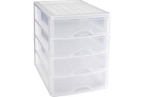 Acan Tradineur - Cajonera de sobremesa - 4 Cajones Transparentes - Torre de almacenaje, Armario, baño, Oficina - Fabricado en España - 35 x 27 x 35,5 cm - Color Blanco