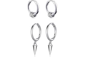 XHBTS Pendientes de aro para Hombre con Cadena de Bola de Cono de Pluma Cruzada, Colgante de Plata, Acero Inoxidable, Punk, hip hop, Rock, Estilo Gótico, Pendientes Kpop con Caja