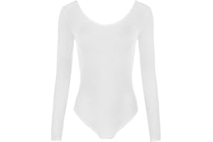 FASHION 7STAR New Ladies Stretch Bodysuit Long Sleeve Top Womens Leotard Scoop Neck Gymnastic Dance Leotard Top 8-14