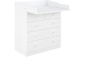 ‎SHEFA Shefa Kids Wickelkommode 801 Weiß - Kommode mit 5 Schubladen und klappbarem Wickelaufsatz