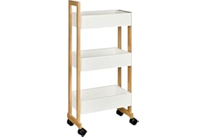 ‎SHELFMADE shelfmade Nischenregal Bambus - Küchenwagen schmal - Badregal Rollwagen - Küchenregal weiß, Nischenwagen mit 3 Körben - Holzregal, Badregal stehend